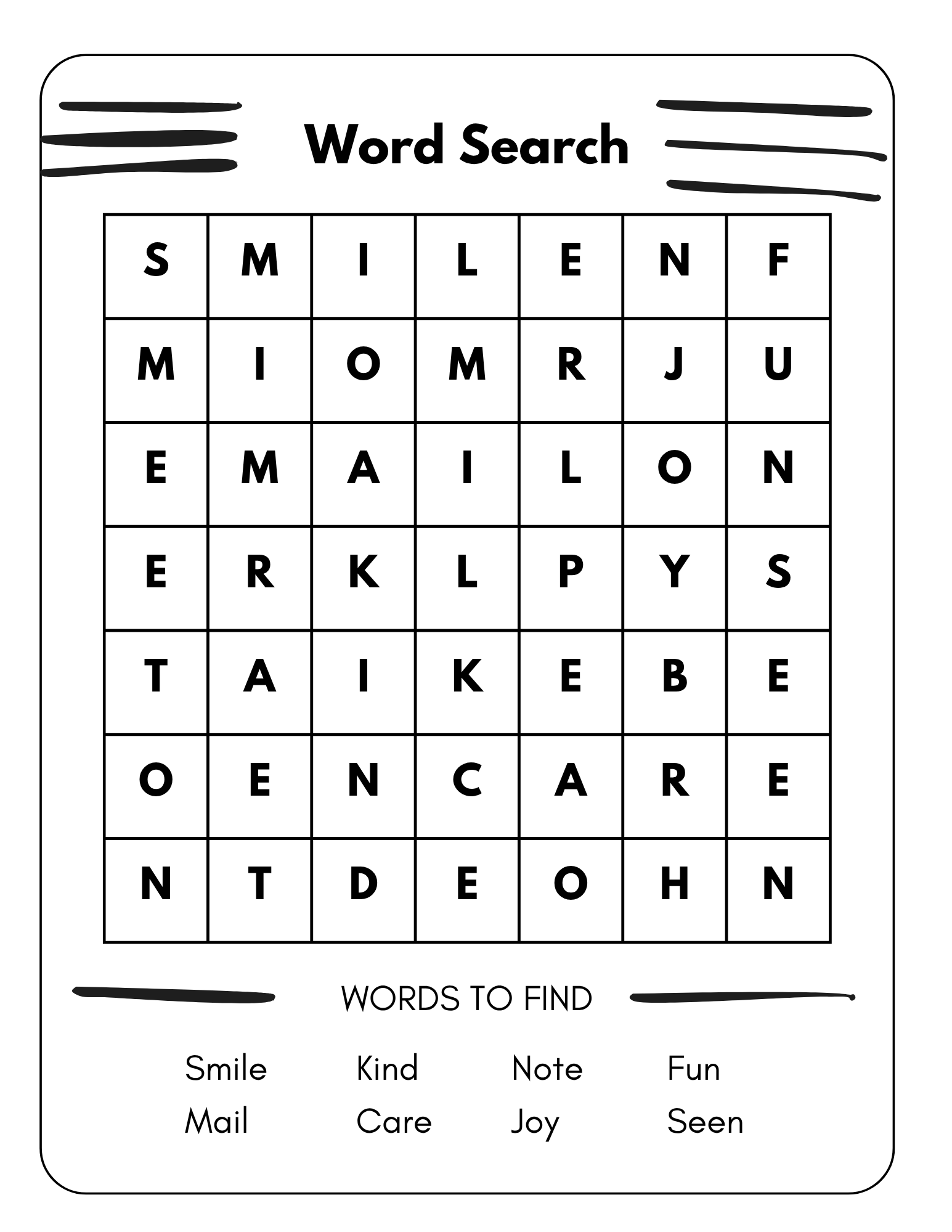 A word search activity card