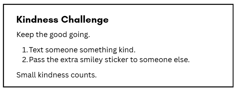 A kindness challenge card encouraging small acts of kindness